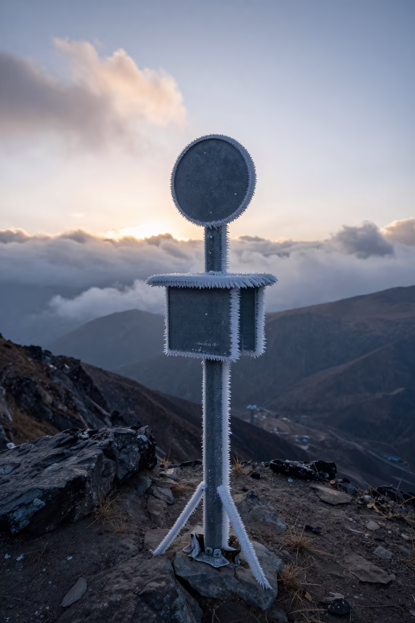 Rime Ice on Mountain Weather Station Summit in at a rocky saddle overlooking a mountain valley near Thimphu