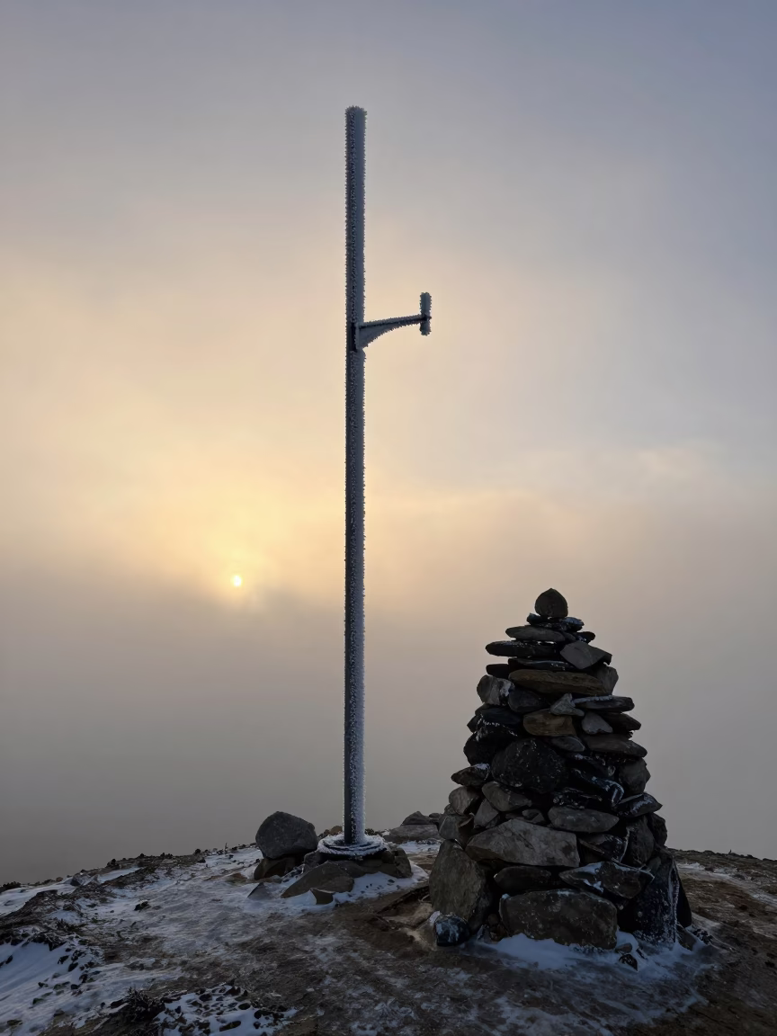 Rime Ice on Summit Antenna Lhasa Winter in beside a summit cairn above the tree line near Lhasa