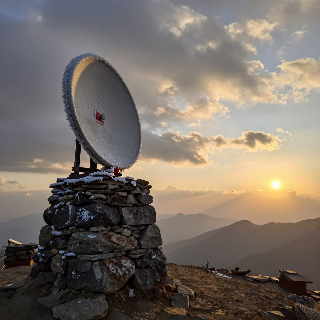 Rime Ice on Summit Antenna at Sunset in beside a summit cairn above the tree line near Kathmandu