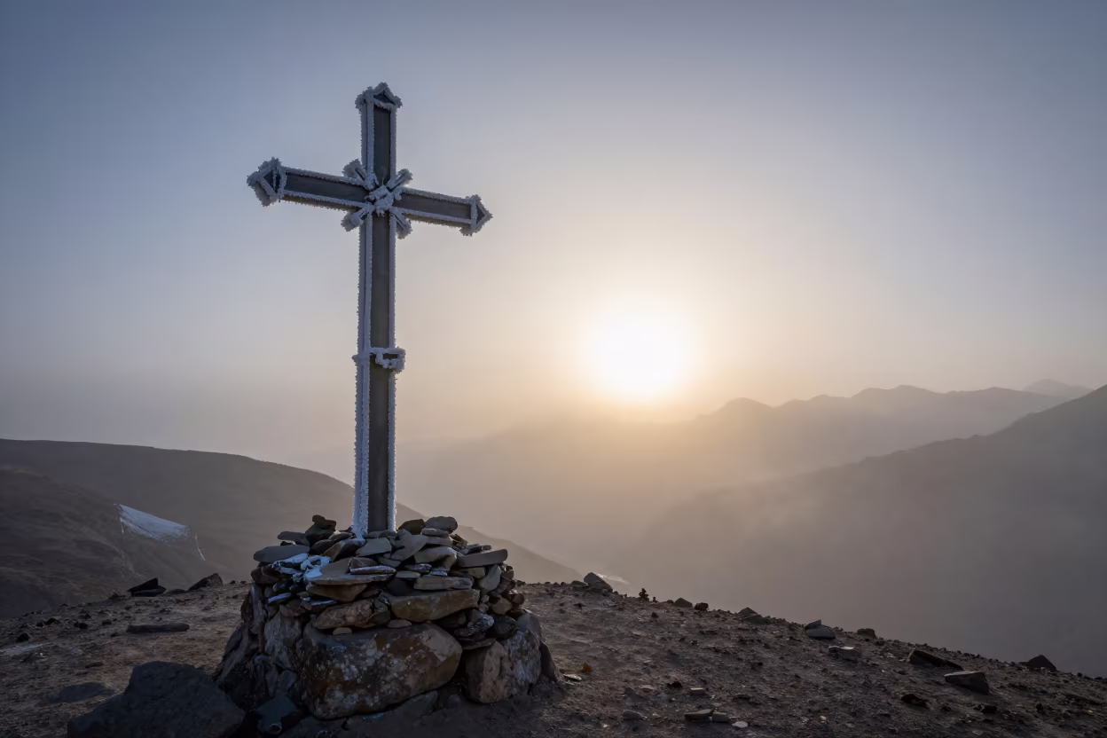 Rime Ice Summit Cross Leh Dawn Mist in beside a summit cairn above the tree line near Leh