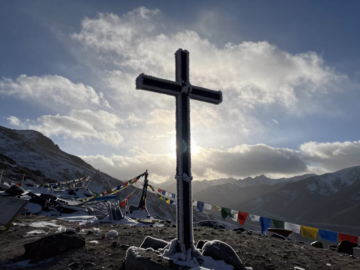 Rime Ice Summit Cross Leh Evening Silhouette in along a high mountain pass beneath prayer flags near Leh