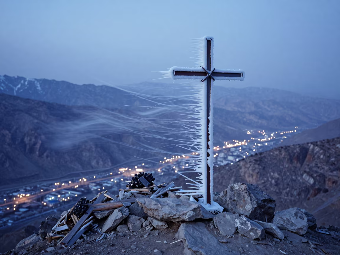 Rime Ice Summit Cross Leh Twilight Valley in at a rocky saddle overlooking a mountain valley near Leh