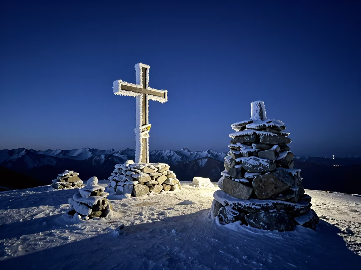 Rime Ice Summit Cross Leh Winter Blue Light in beside a summit cairn above the tree line near Leh