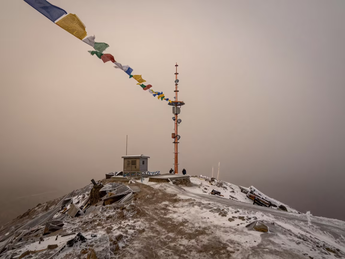 Rime Ice on Summit Weather Station in Winter Light in on a wind-cut ridge below prayer flag lines near Leh