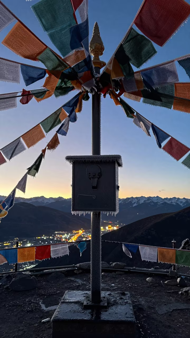 Rime Ice Weather Station Silhouette at Lhasa in along a high mountain pass beneath prayer flags near Lhasa