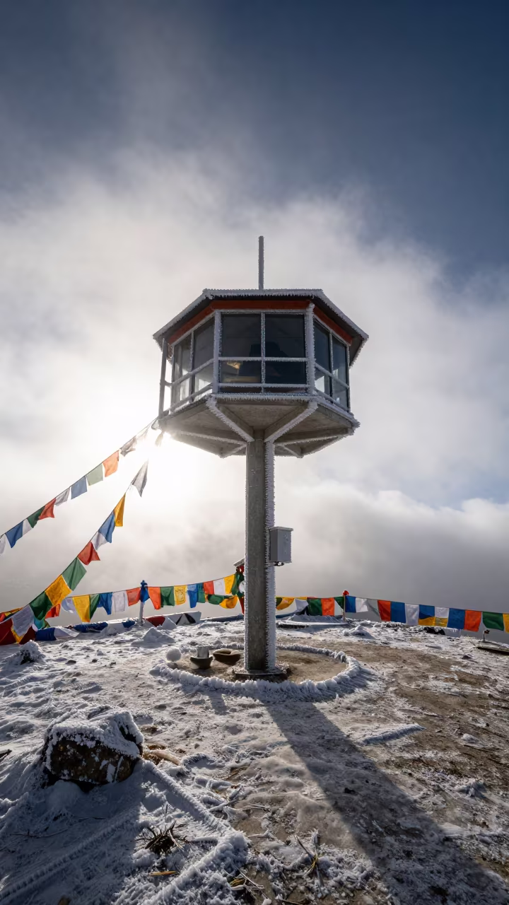 Rime Ice Weather Station Summit Thimphu in on a wind-cut ridge below prayer flag lines near Thimphu
