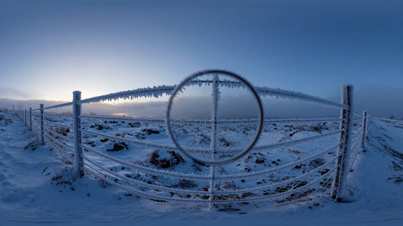Rime Ice Coated Wire Fence Norway Blue Hour in in Norway