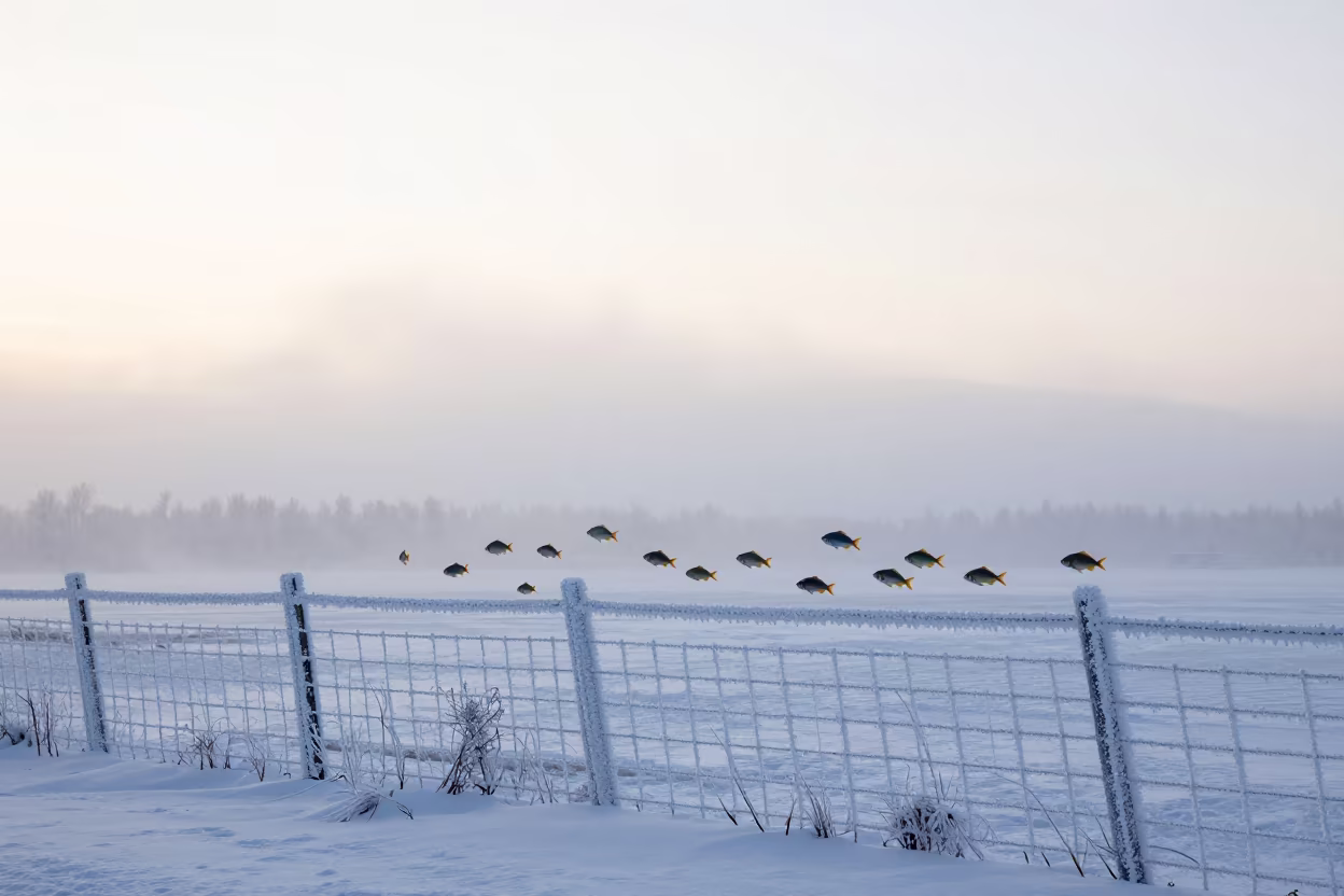 Rime Ice Wire Fence With Swimming Fish in through low marine fog in Lapland