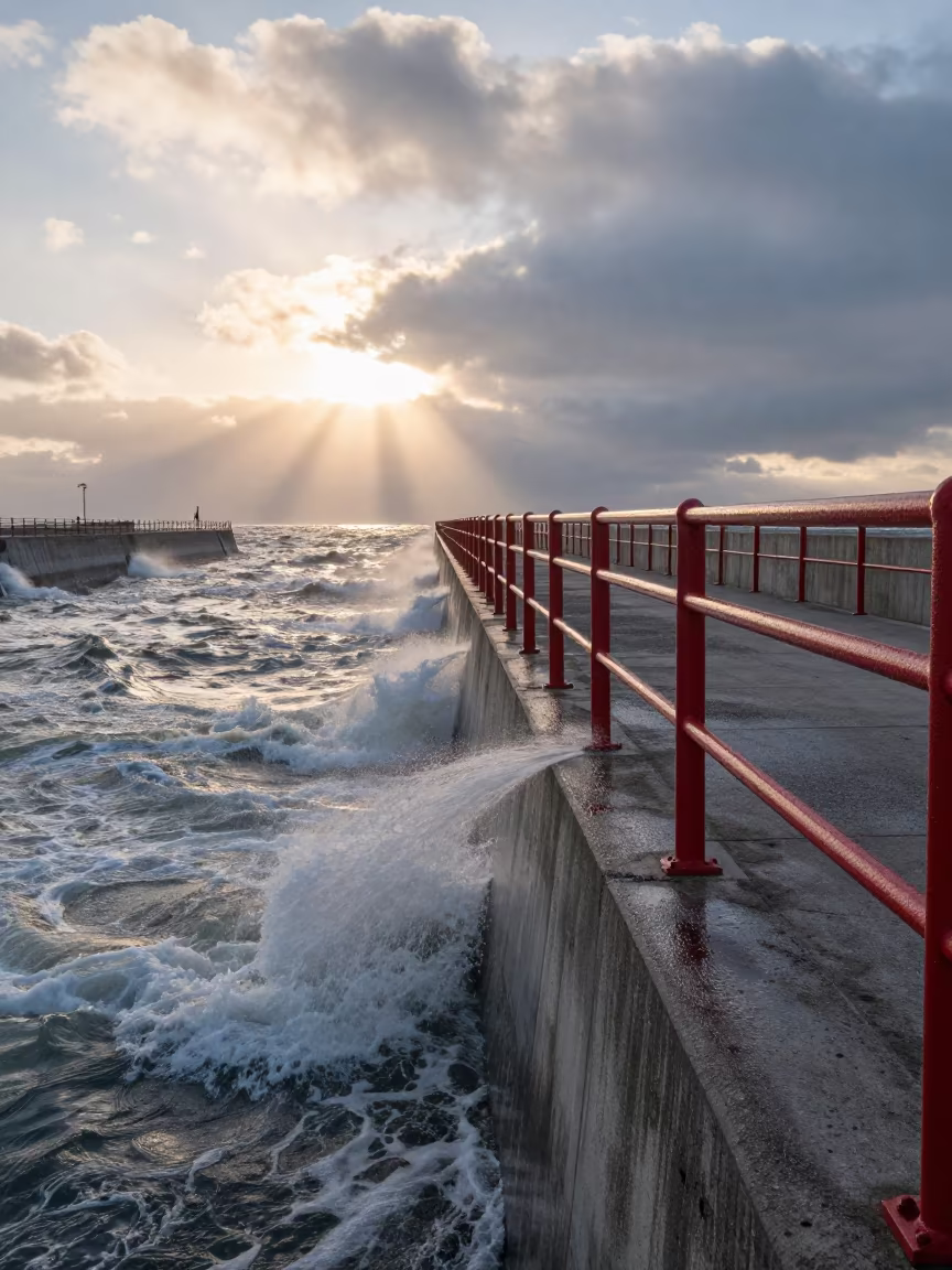 Rimed Spillway Walkway at Dawn with Red Railings in along concrete walls above turbulent water near Yogyakarta