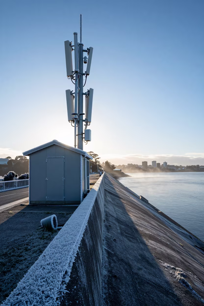 Rimed Telecom Hut Dawn Dam Spillway Auckland in along a dam spillway near Auckland