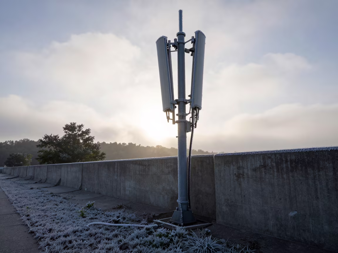 Rimed Telecom Hut at Dawn Beside Tennessee Barrier in beside a storm surge barrier in Tennessee