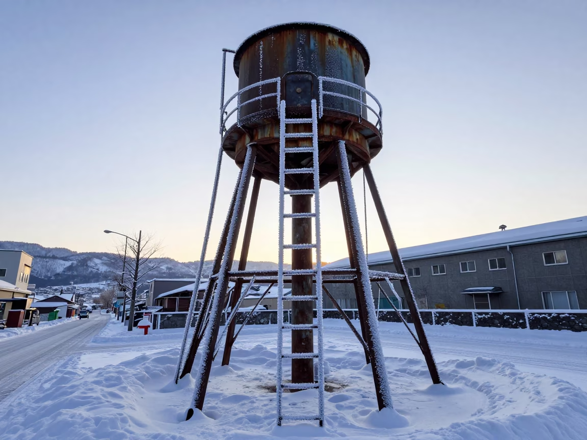 Rimed Water Tower Ladder and Snow-Covered Sapporo Street Before Sunrise in in Sapporo, Japan