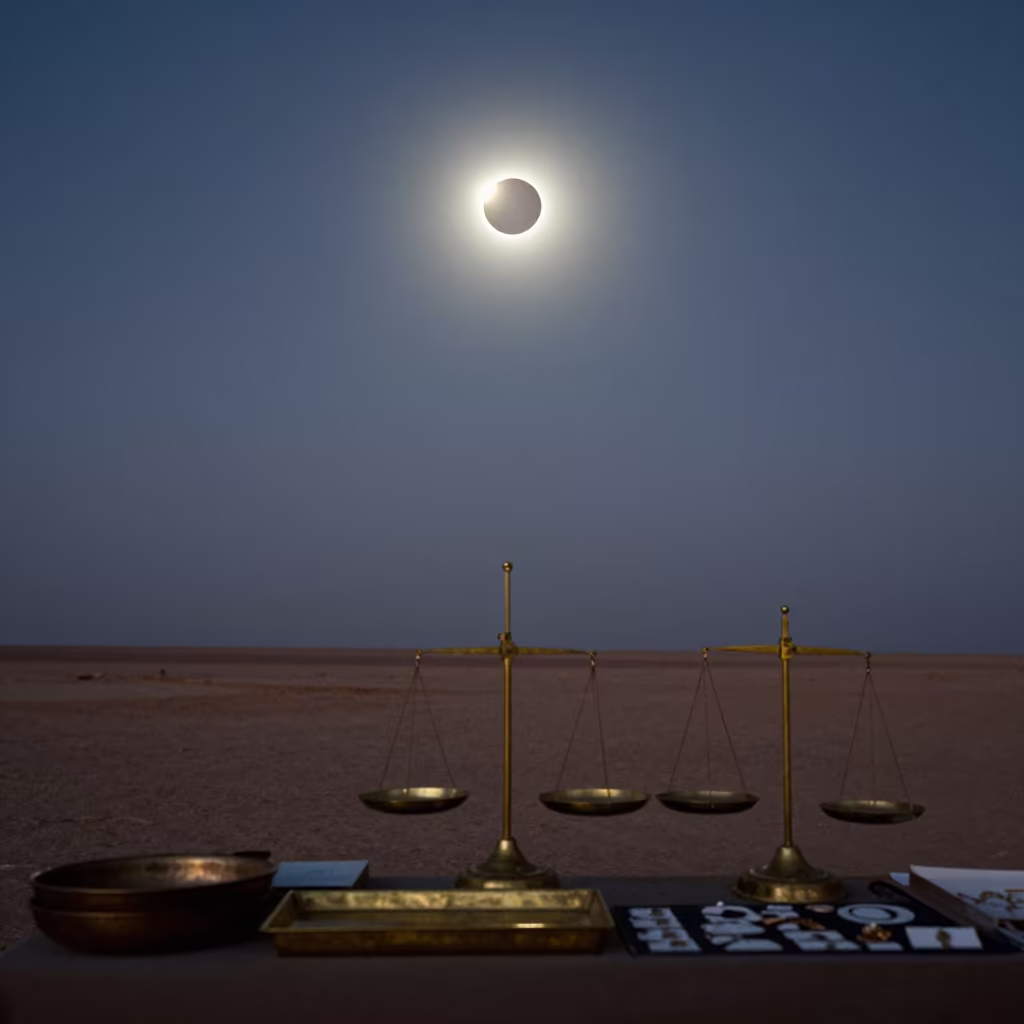 Ring of Fire Eclipse Over Khartoum Night Market in inside a jeweler's stall with brass scales and trays in Khartoum