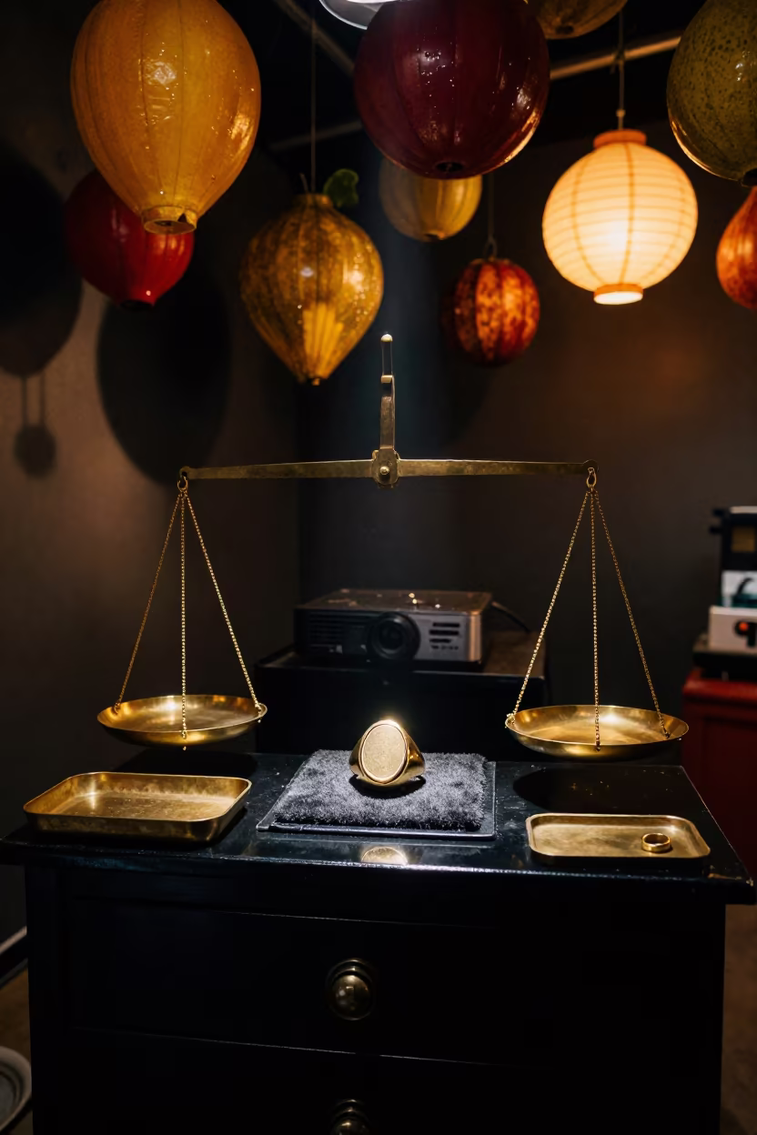 Ring on Lacquer with Floating Lanterns in Night in inside a jeweler's stall with brass scales and trays in Hohhot
