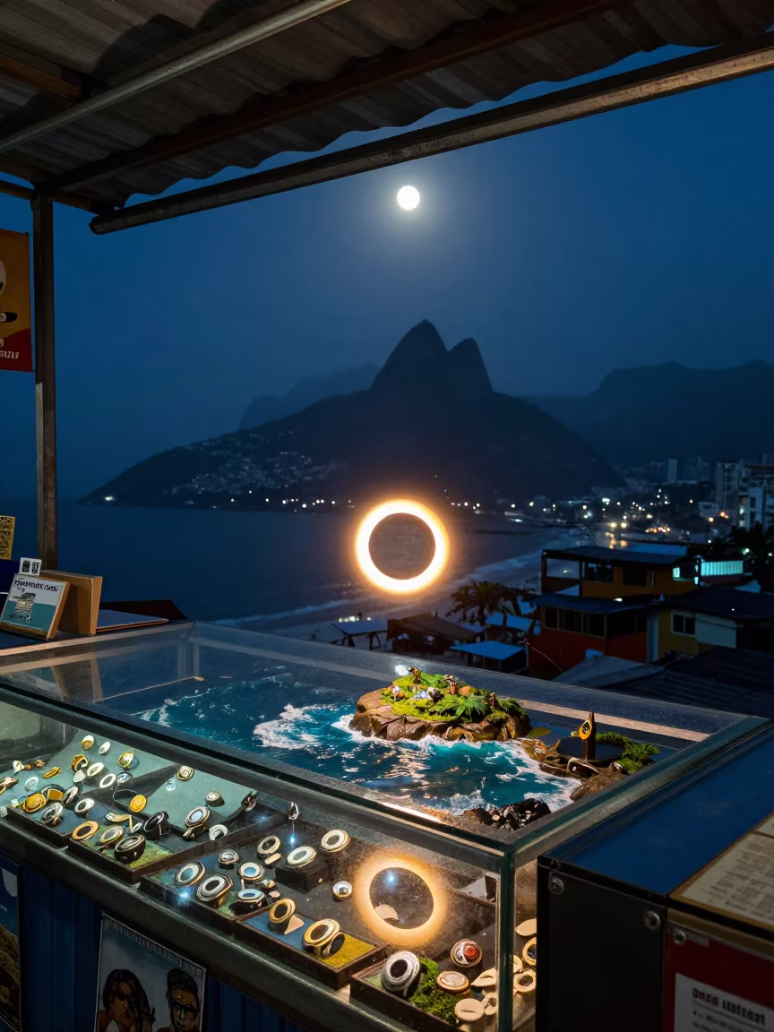 Ring of Fire Eclipse Over Rio Seascape in at a jewelry counter inside a covered bazaar near Rocinha, Rio de Janeiro