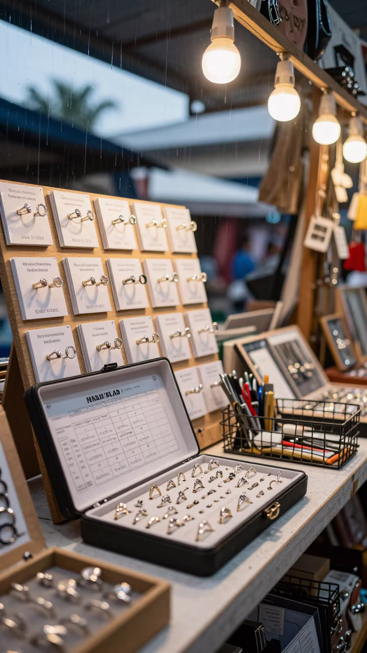 Ring Sizer Case on Counter in Mbuji-Mayi Bazaar in at a jewelry counter inside a covered bazaar in Mbuji-Mayi