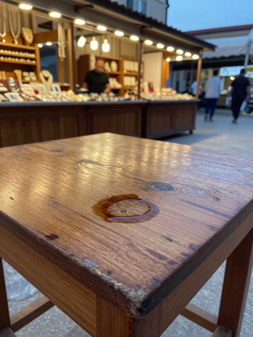 Ring Stain on Wood Table in Bingöl Bazaar in at a jewelry counter inside a covered bazaar in Bingöl