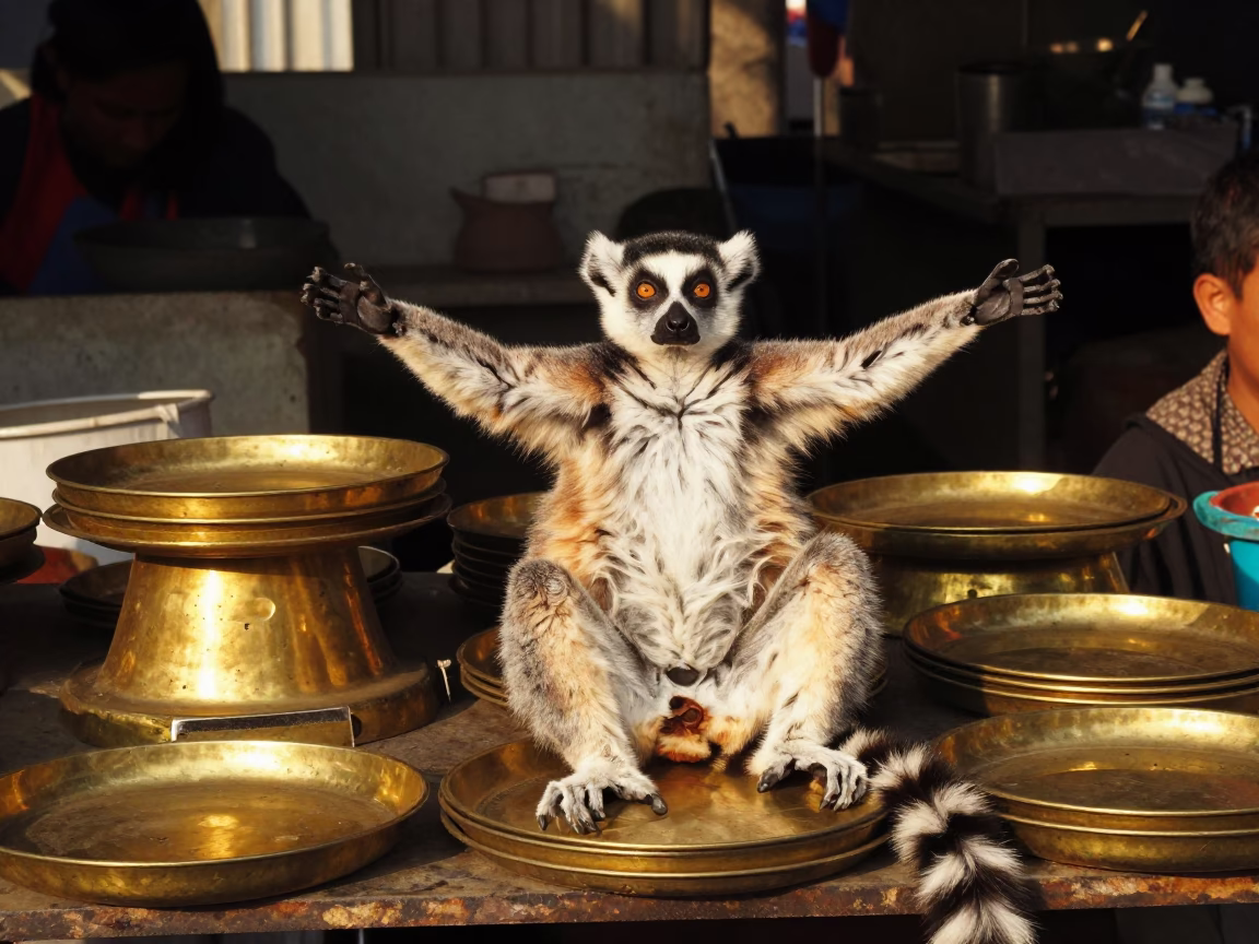 Ring-tailed lemur sunbathing at Jakarta market stall in inside a jeweler's stall with brass scales and trays near Jakarta