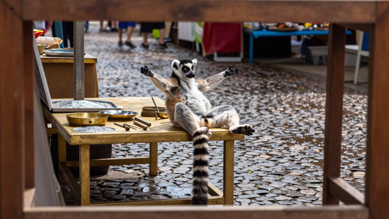 Ring-Tailed Lemur Sunbathing at Kingston Goldsmith Bench in at a goldsmith bench in a bazaar jewelry lane in Kingston