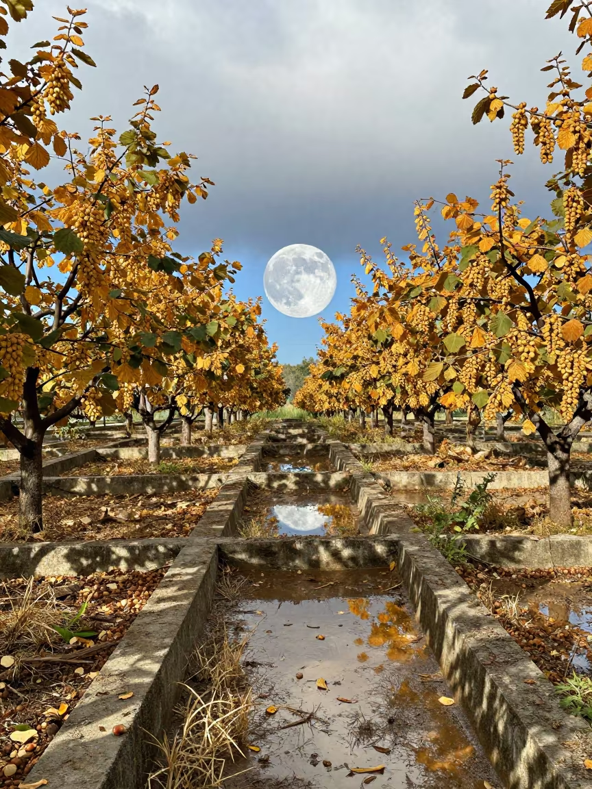 Ringed Planet Over Arkansas Hazelnut Terraces in among terraced rice paddies in Arkansas