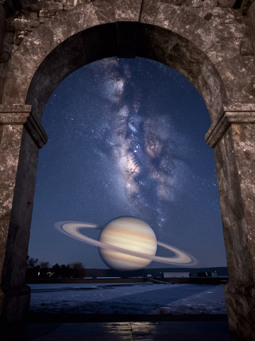 Ringed Planet Low Horizon Through Stone Arch in under a band of cold starlight near Fukuoka