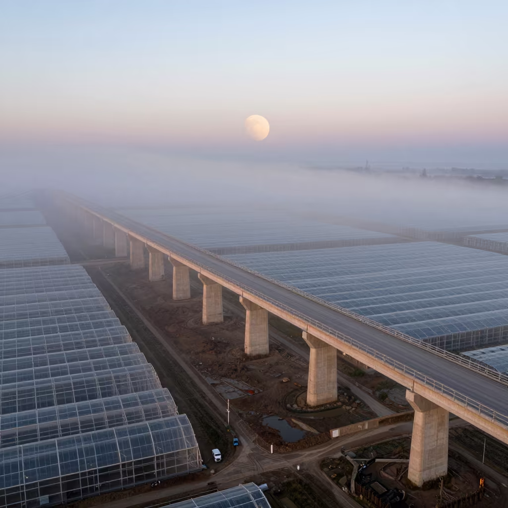 Ringed Planet Over Atyrau Greenhouse Viaduct in high over greenhouse grids near Atyrau
