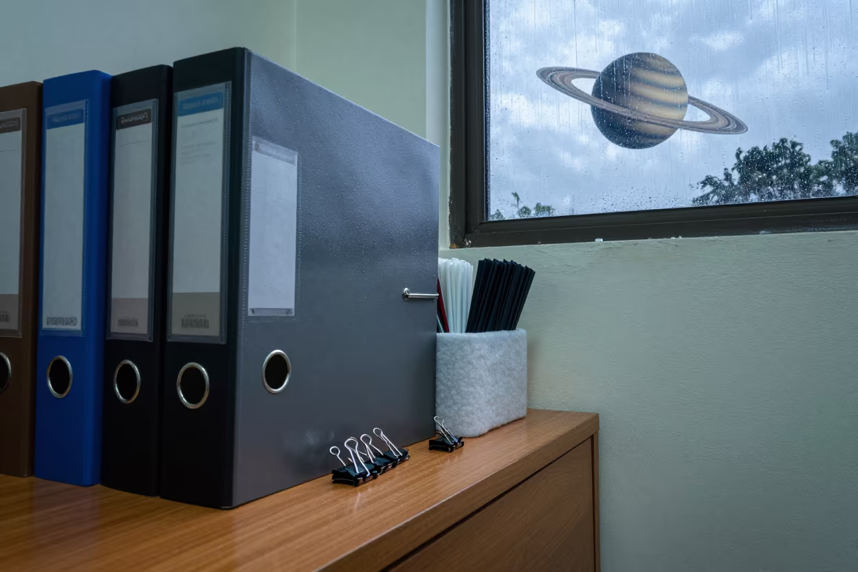 Ringed Planet Over Bangalore Office Magnet Tin in on a hotel dresser in Bangalore