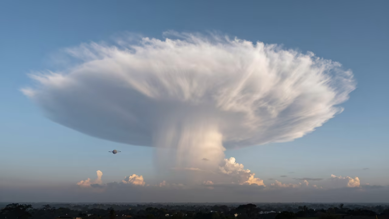 Ringed Planet Over Congo Storm Clouds Dawn in over a horizon of stacked thunderheads in Congo