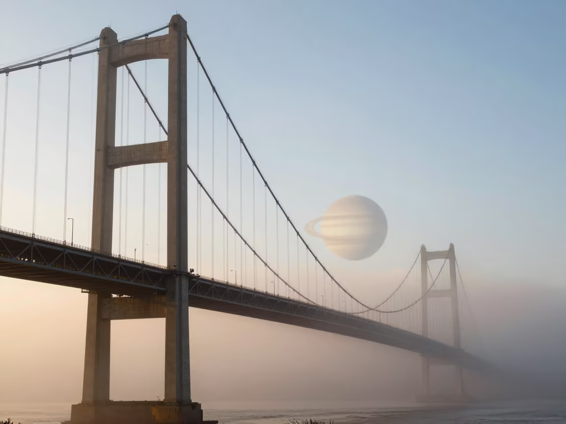 Ringed Planet Over Jinja Bridge in Fog in beneath fast-moving cloud bands near Jinja