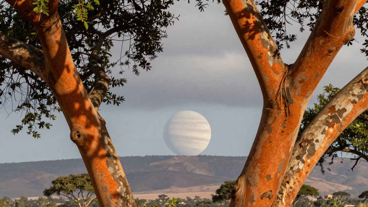 Ringed Planet Over Stripped Cork Oak Trees in near Harar