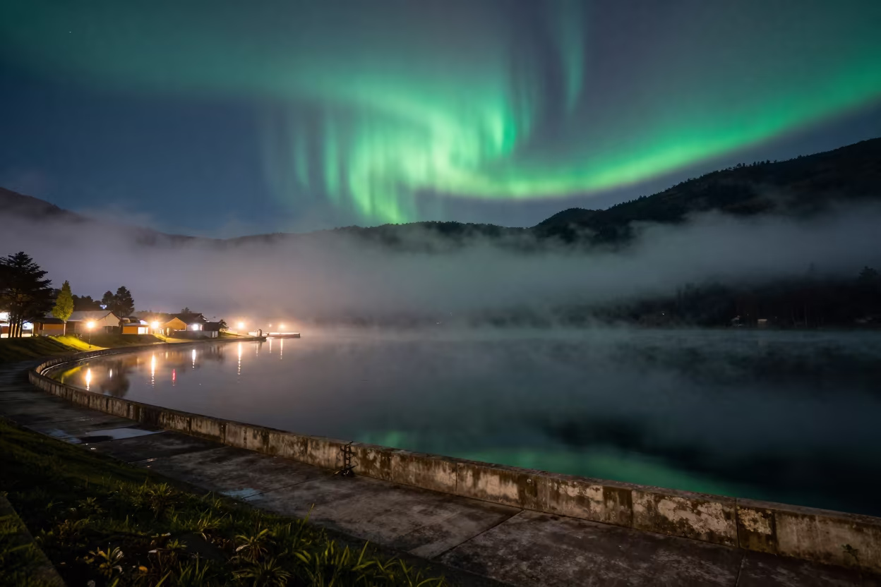 Ringed Planet Reflected in Colombian Mountain Lake in beside a lantern-dotted harbor in Colombia