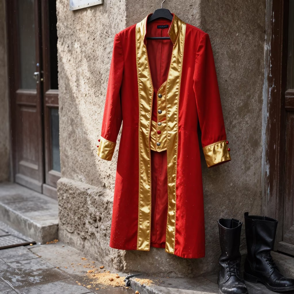Ringmaster Coat and Boots in Kunduz Rain in at a street corner busking spot in Kunduz