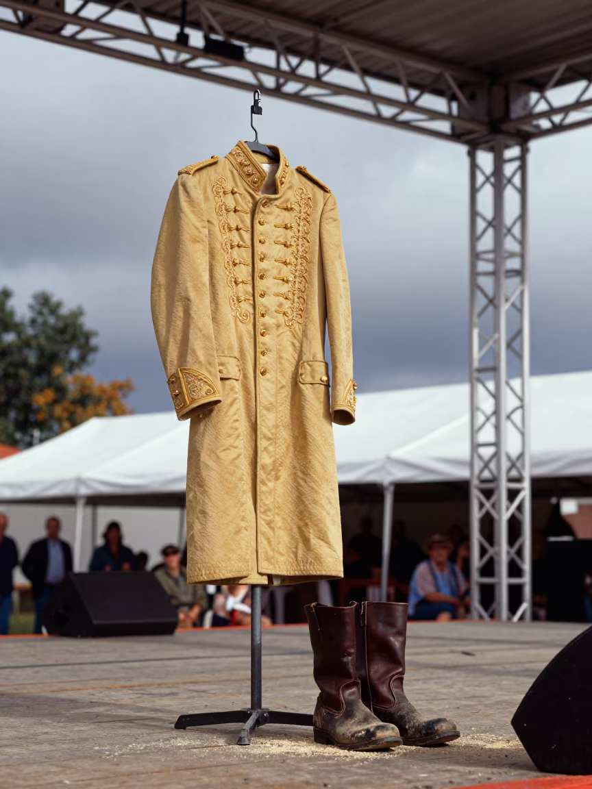 Ringmaster Coat Hanging in Late Autumn Festival Light in on a festival main stage in San Rafael