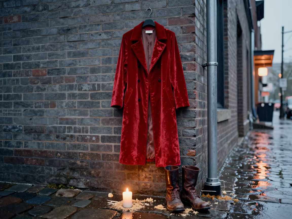 Ringmaster Coat and Boots in Winnipeg Dawn Drizzle in at a street corner busking spot in Winnipeg
