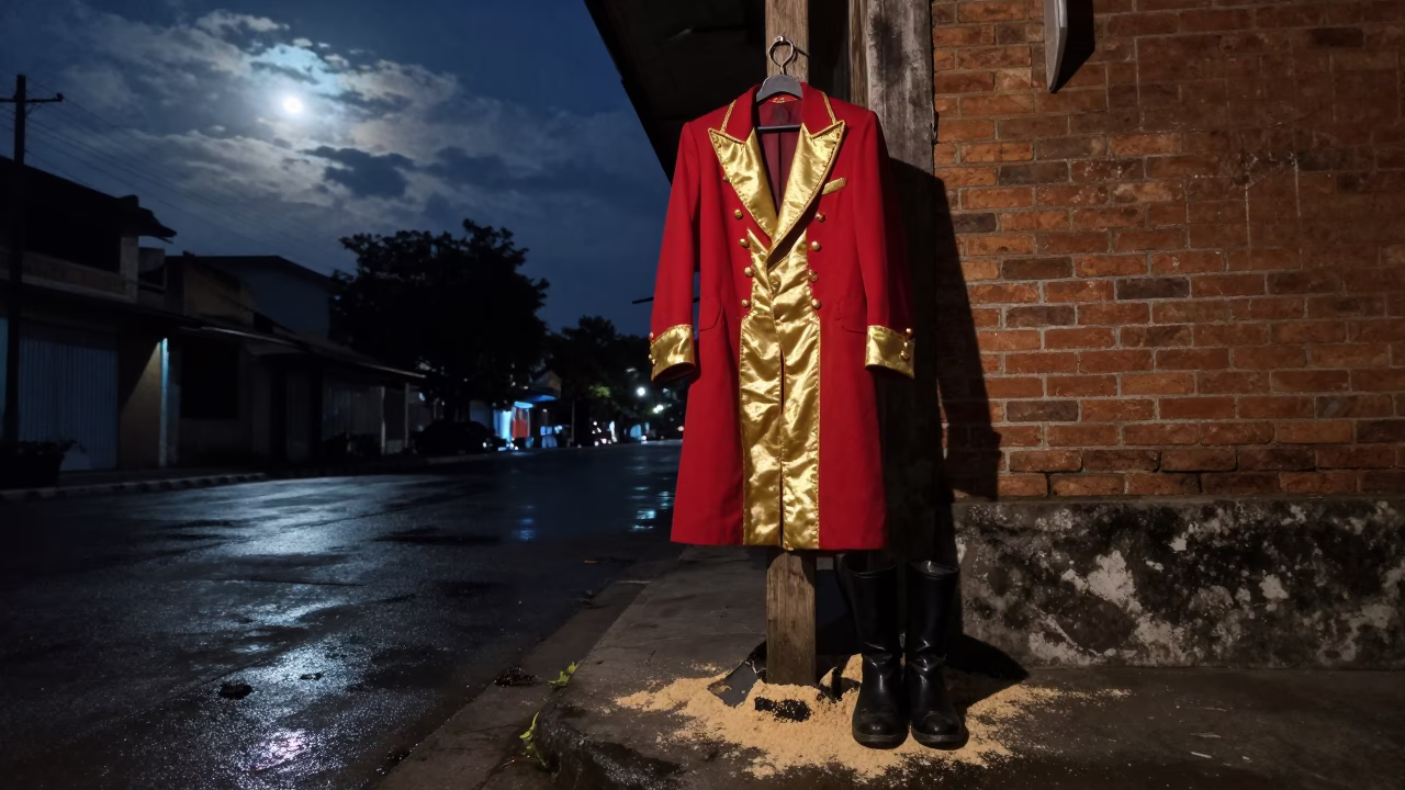Ringmaster Coat in Can Tho Predawn Moonlight in at a street corner busking spot in Can Tho