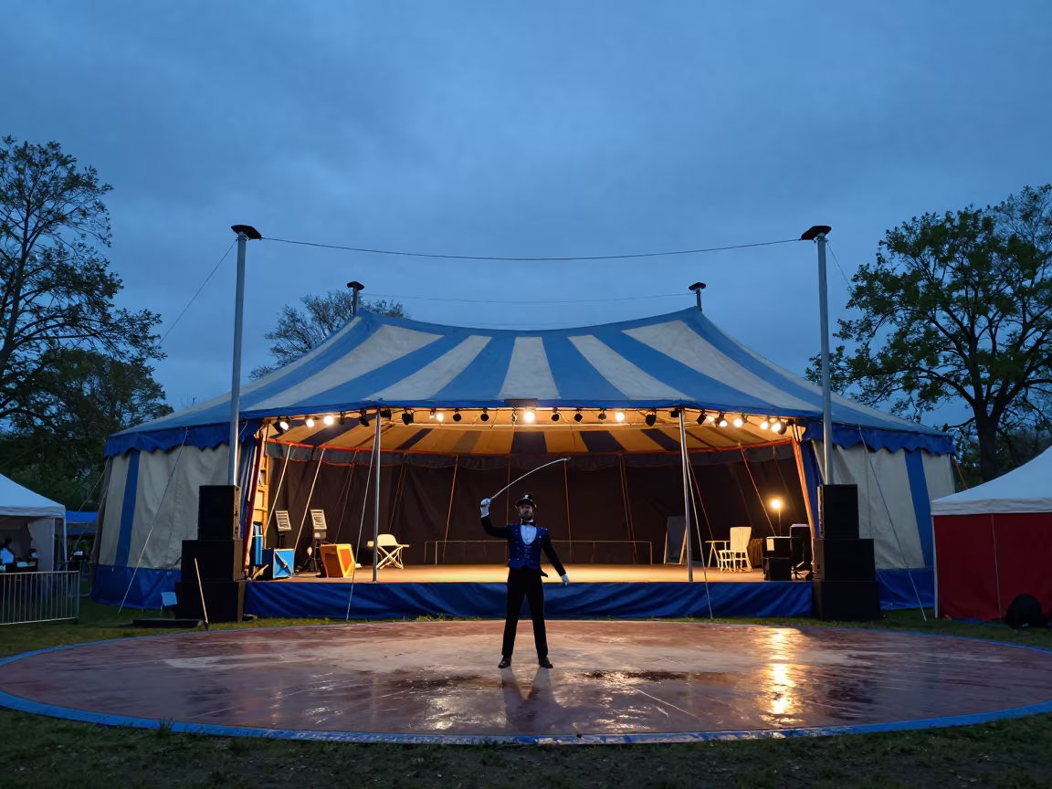 Ringmaster Cracking Whip Under Big Top in Brampton in on a festival main stage in Brampton