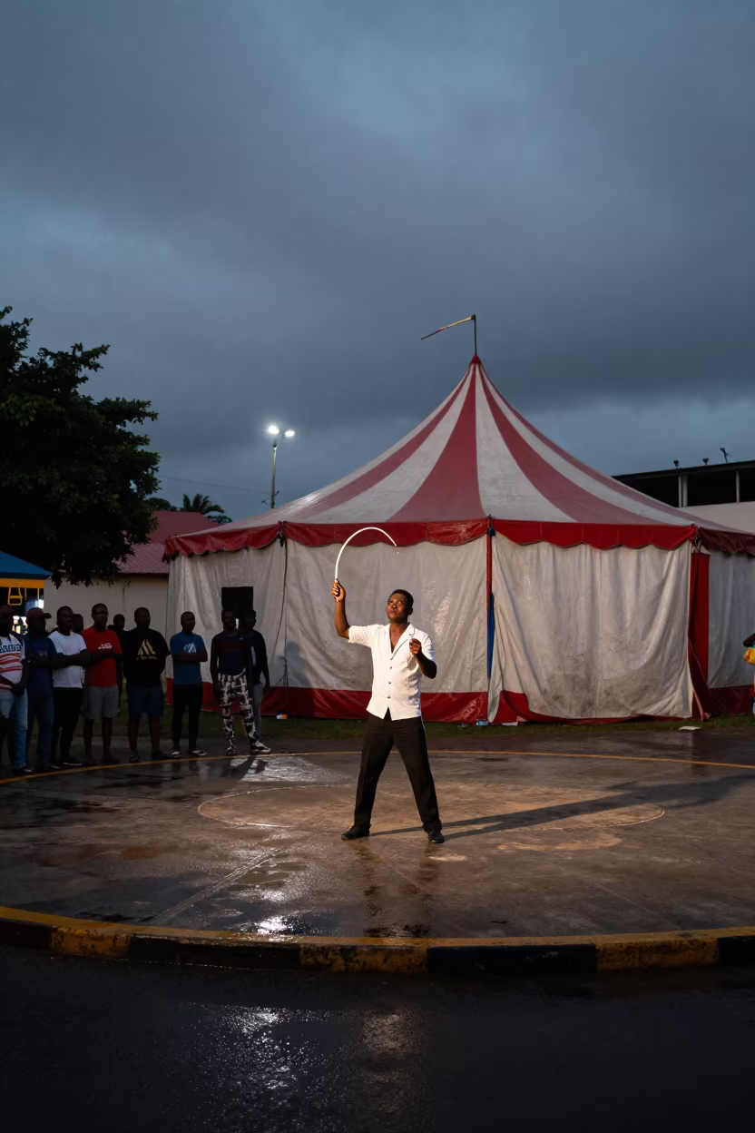 Ringmaster Cracking Whip Under Big Top in Malabo in at a street corner busking spot in Malabo