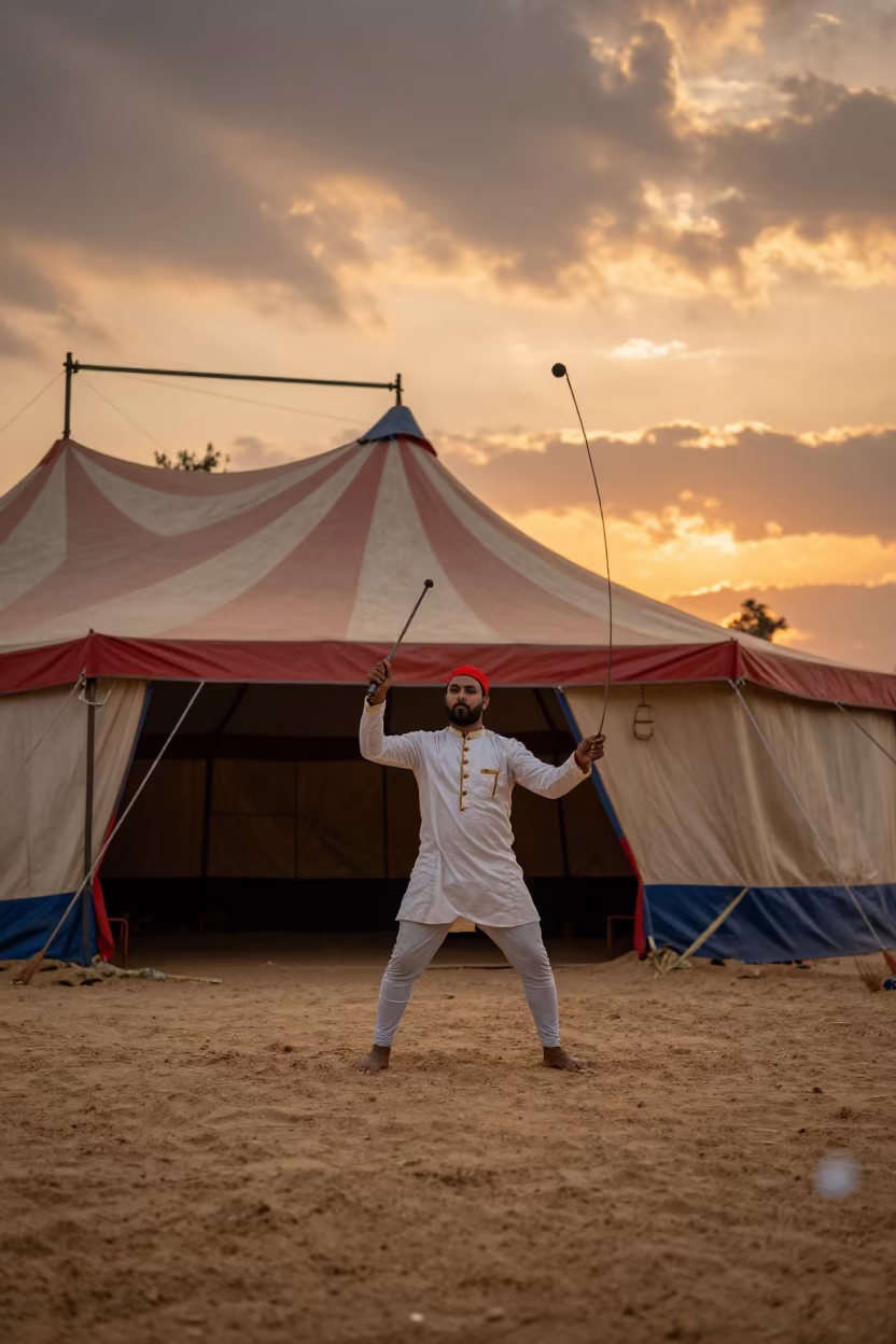 Ringmaster Cracks Whip Under Striped Tent in under a circus tent in Etah