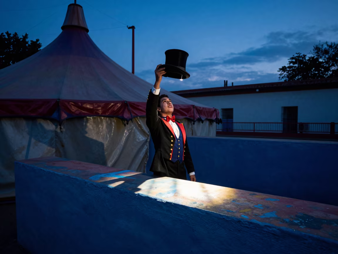 Ringmaster Hat Under Neon Light in Ciudad Bolívar in on a painted display ledge in Ciudad Bolívar