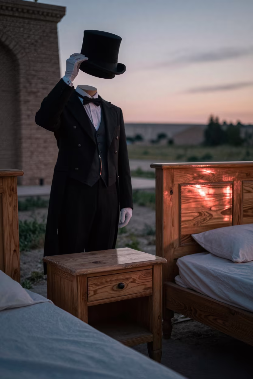 Ringmaster Hat on Stone Wood Bedside Table in on a bedside table near Olmaliq
