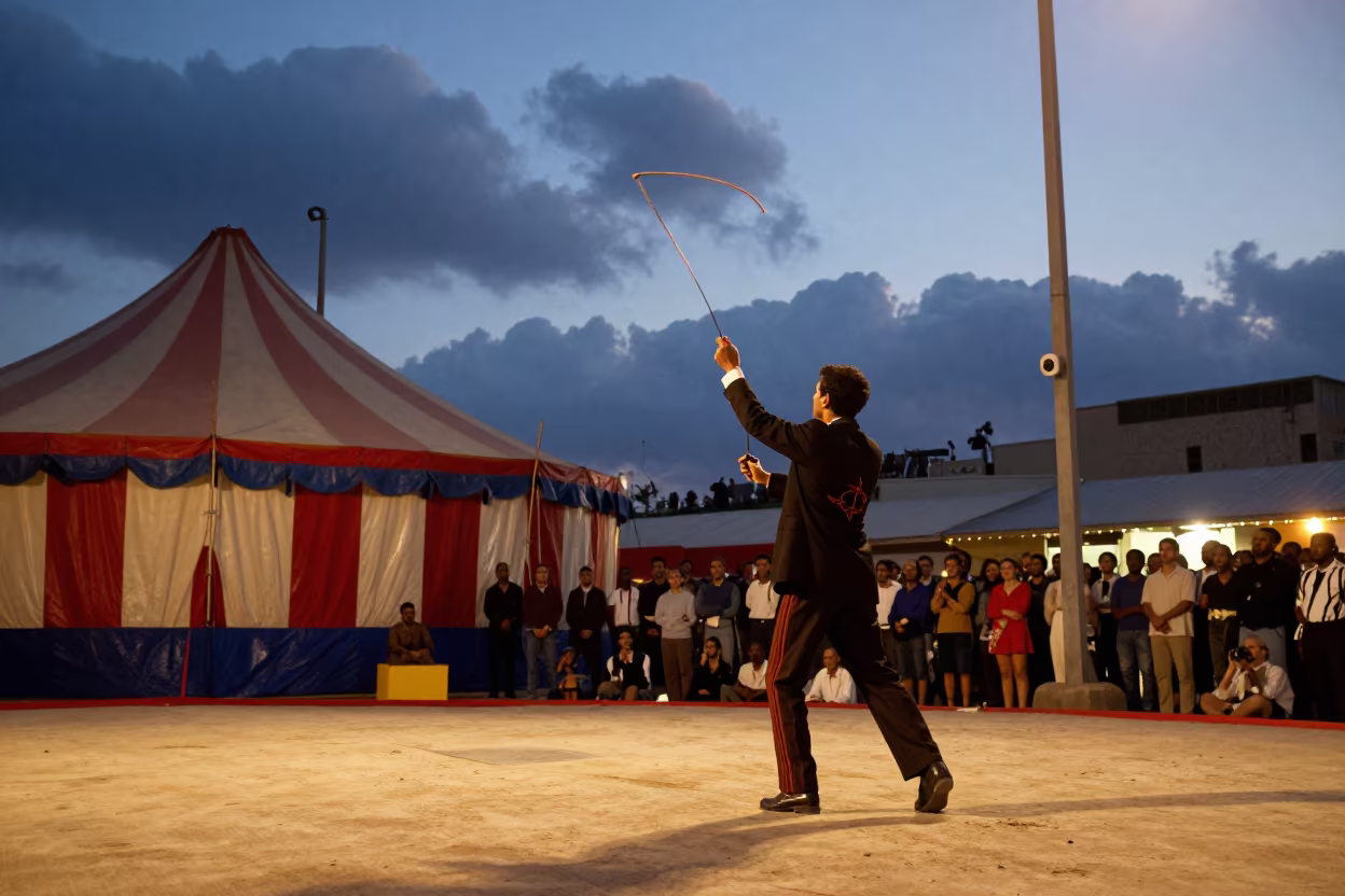 Ringmaster Whips Under Algiers Big Top in at a street corner busking spot in Algiers