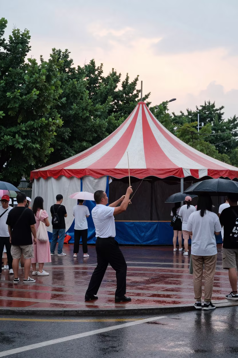 Ringmaster Whips Under Striped Big Top in Dalian in at a street corner busking spot in Dalian