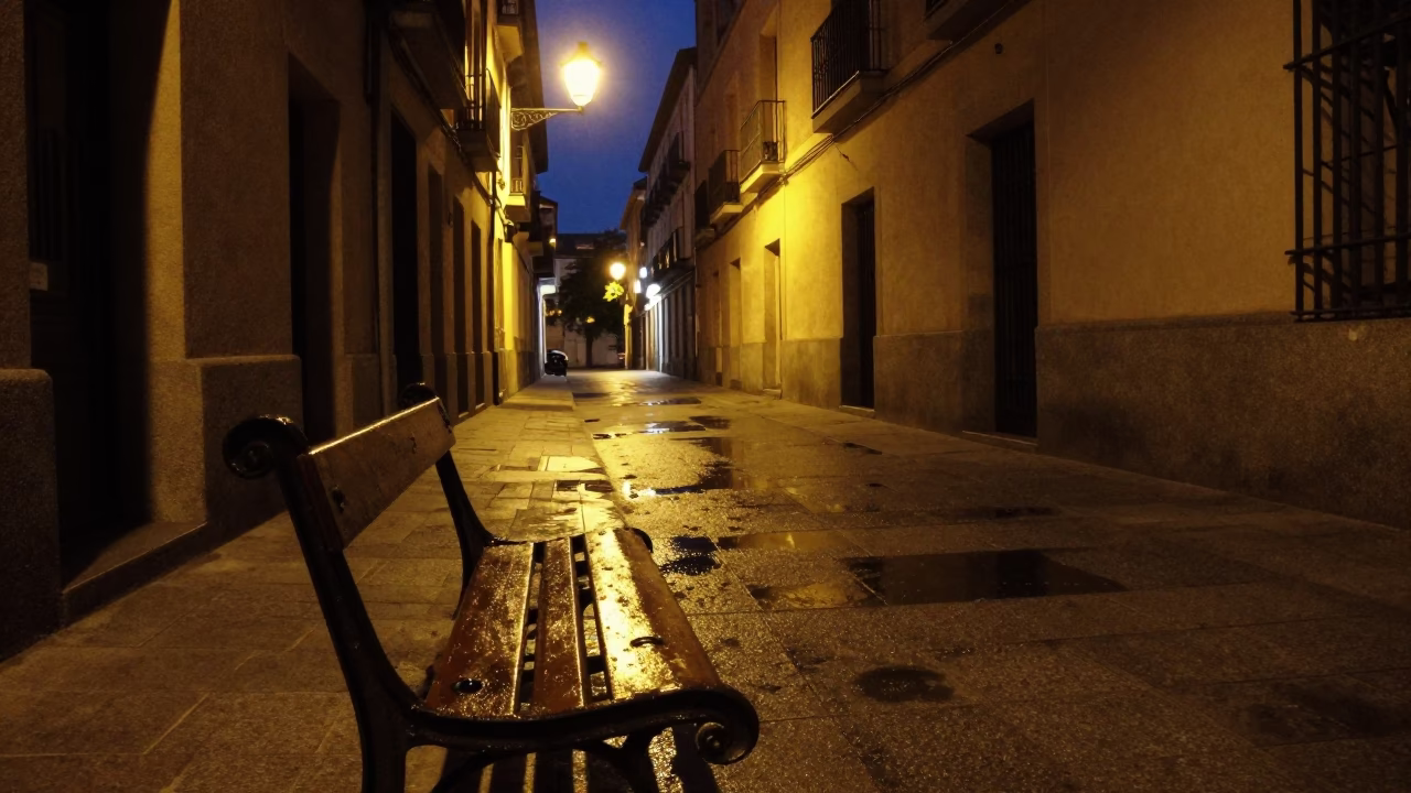 Rings Bench in Madrid at Midnight Light in in Madrid, Spain