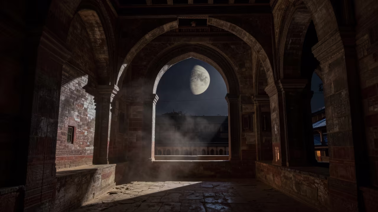 Rings of Night Over Pokhara Cloister in inside a quiet cloister passage in Pokhara