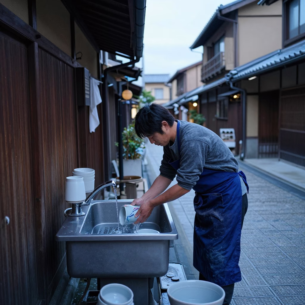 Rinsing Ceramics in Kyoto in in Kyoto, Japan