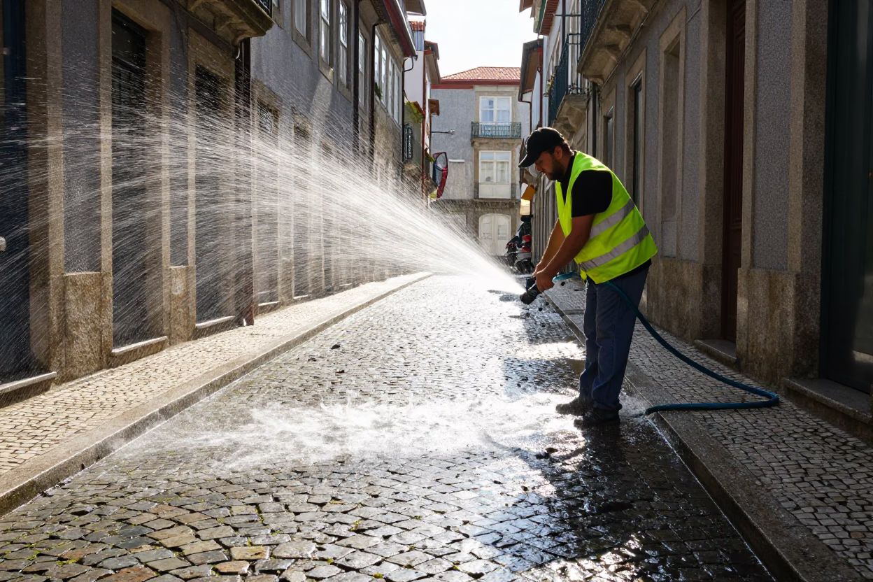 Rinsing Cobblestones in Porto in in Porto, Portugal