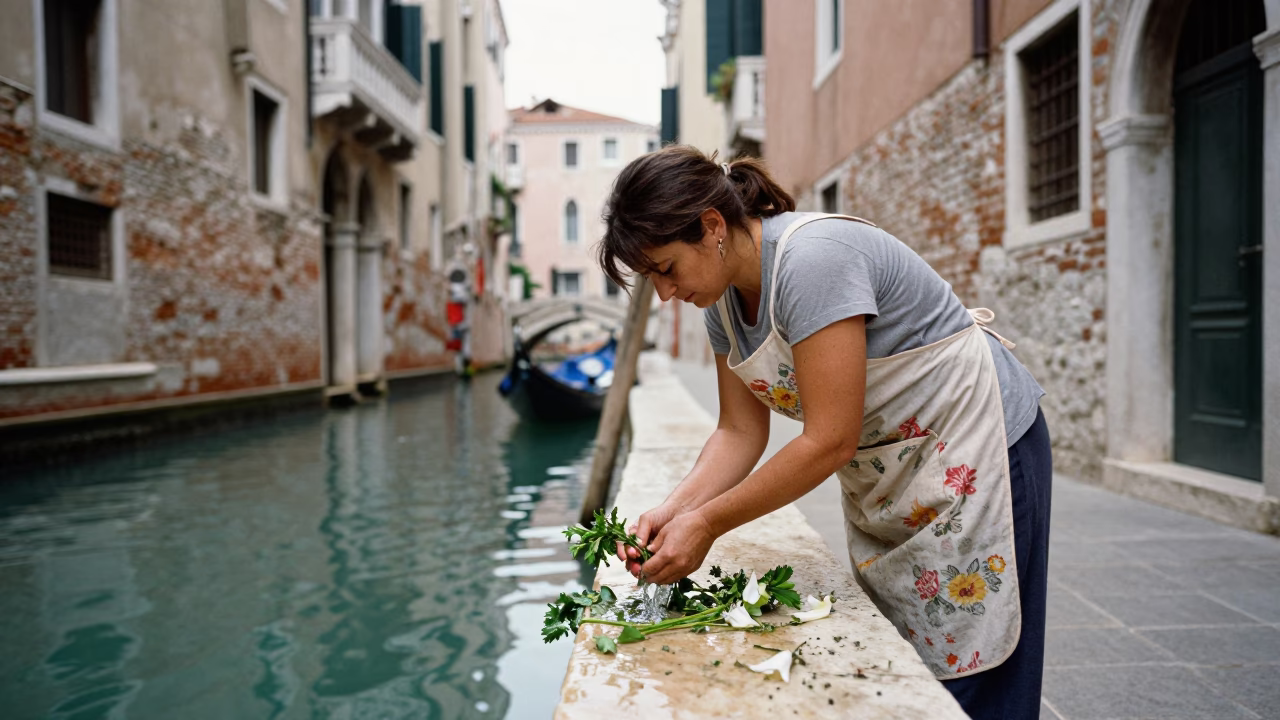 Rinsing Herbs in Venice in in Venice, Italy