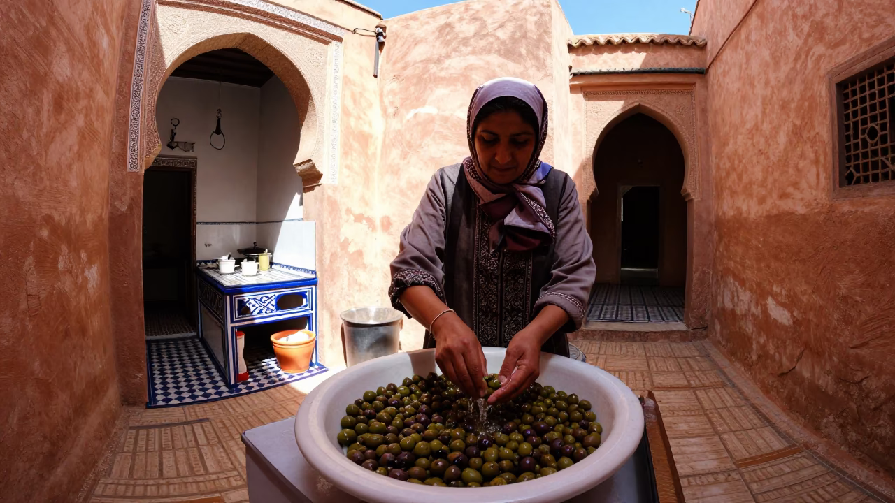 Rinsing Olives in Marrakech in in Marrakech, Morocco