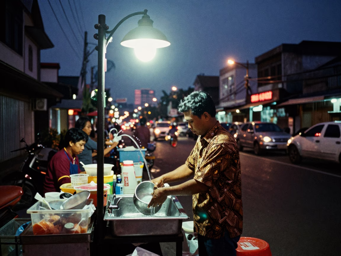 Rinsing Pots in Surabaya in in Surabaya, Indonesia