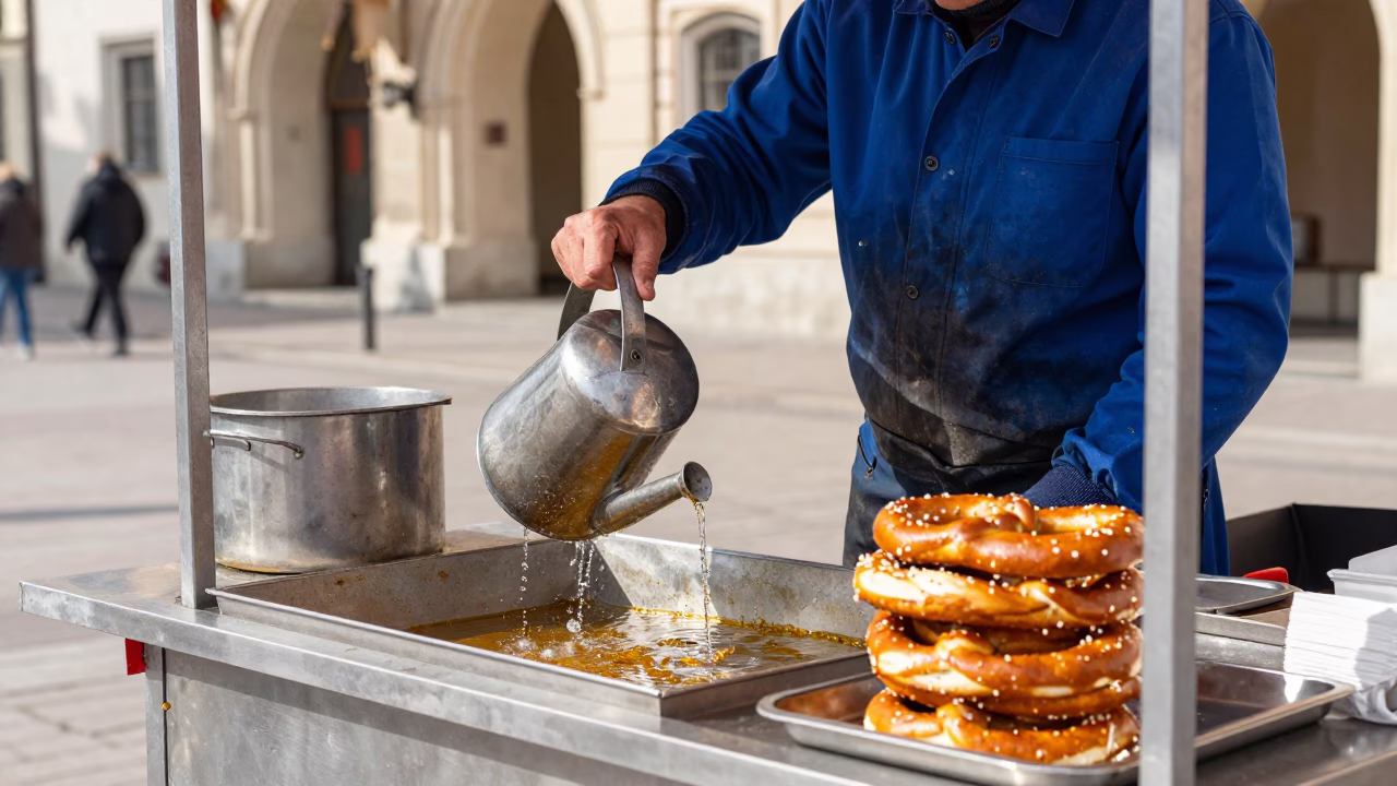 Rinsing Pretzels in Krakow in in Krakow, Poland